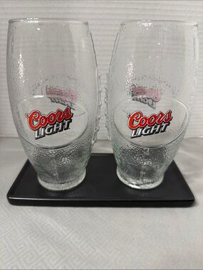 Vintage Coors Light Pint Football Shaped Clear Textured Glasses Set of 2 7” Tall